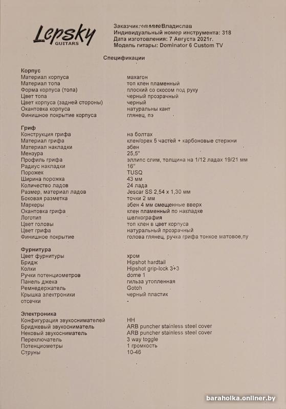 Электрогитара Lepsky Dominator 6 Custom TV — фото 2