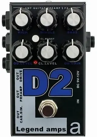 D2 - двухканальный гитарный предусилитель из серии Legend Amps II от компании AMT, имитирующий усилитель Diezel, включая кабсим. "Чистый" канал имитирует усилит